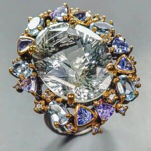 RING AAA 32CT Cut Green Amethyst with Topaz Tanzanite Amethyst 925 Size 9 WOW
